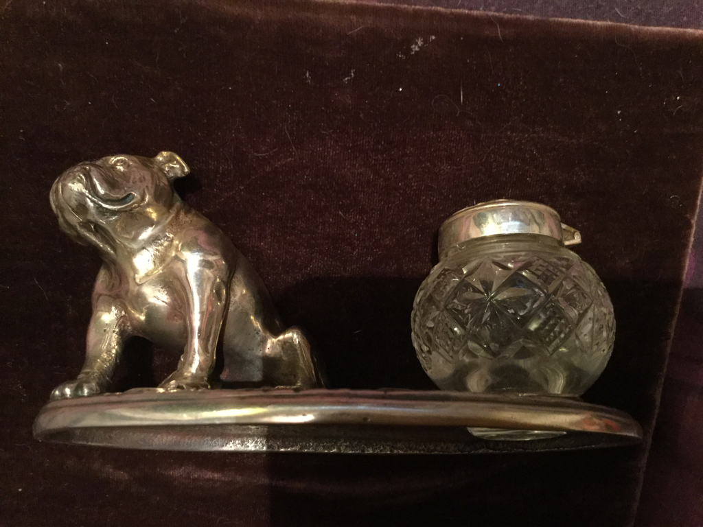 Silver seated bulldog inkwell stand